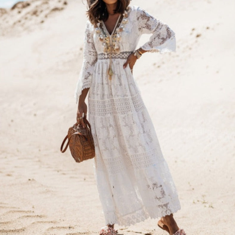 Kvinders Boheme Blonde Maxi Kjole Ærmeløs V-Hals Strand Sommerkjole