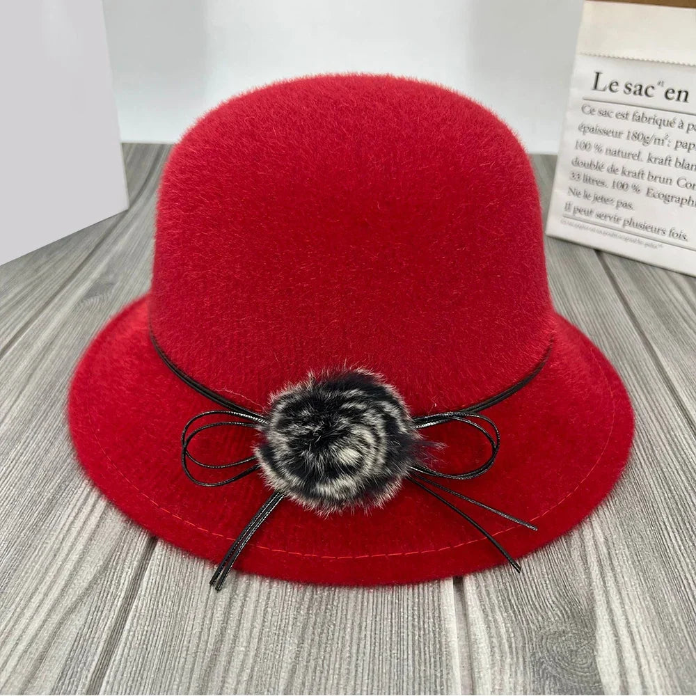 Női gyapjúkeverék cloche téli kalap - vintage dóm karimás sapka virágos masnival rögzítve