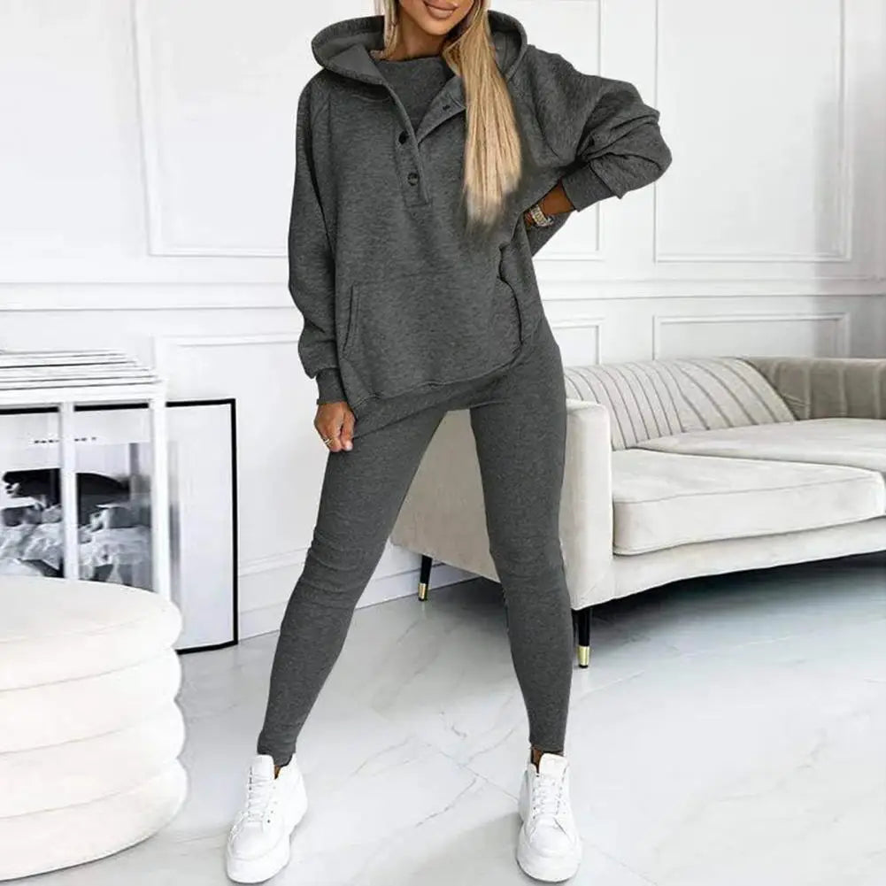 Dameshoodie met knoopsluiting bij de hals en legging-set – Ontspannen casual outfit met twee delen