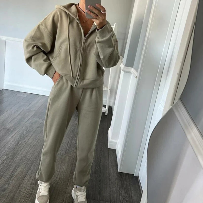 Trening de damă lejer, cu hanorac cu fermoar și glugă - bluză sport moale și pantaloni jogger pentru confort casual de zi cu zi și ținute de casă pentru toamnă și iarnă