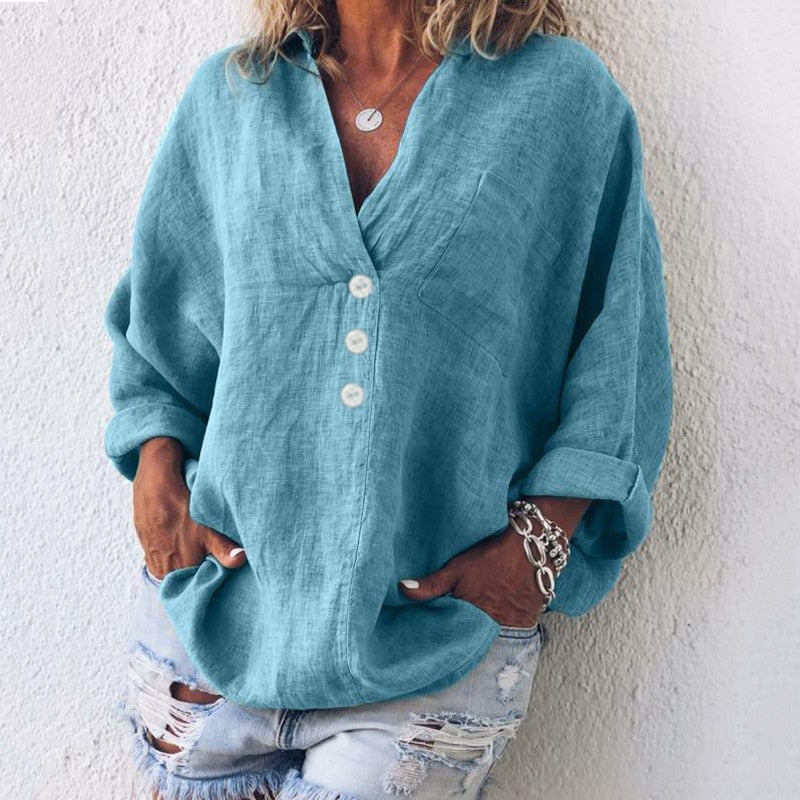 Blusa da donna in lino dalla vestibilità morbida – Modello a pipistrello con bottoni sul davanti, ideale per le giornate calde