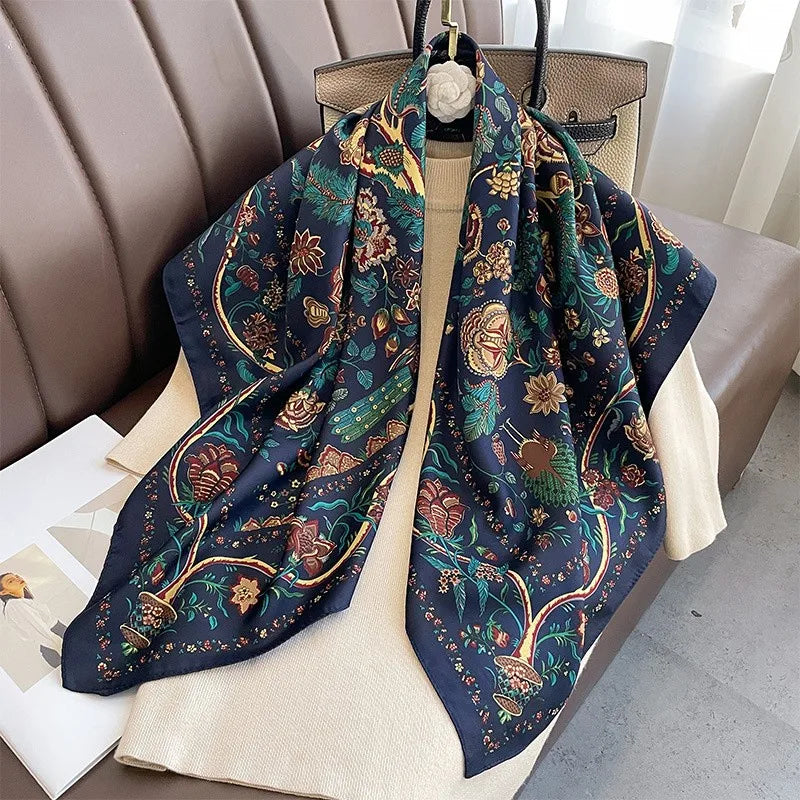 Foulard carré pour femme au toucher satiné - Écharpe légère imprimée à porter autour de la tête ou du cou, pour un style élégant en toute saison