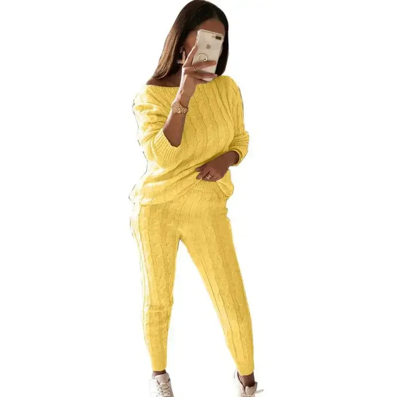 Ensemble pour femme composé d'un pull en maille torsadée et d'un pantalon de jogging à col large - Tenue d'intérieur décontractée deux pièces avec pantalon à poignets pour l'automne et l'hiver