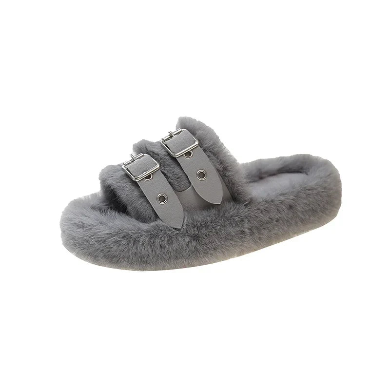 Women’s Faux-Fur Buckle Slippers – Plush Open-Toe Platform Slides with Double Adjustable Straps