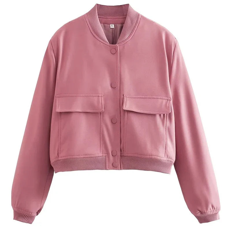 Women’s Relaxed Fit Bomber Jacket – Cropped Snap-Front Layer for Autumn and Winter Casual Wear