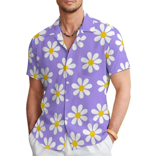 Men’s Floral Print Shirt Bold Orange Short Sleeve Summer Top