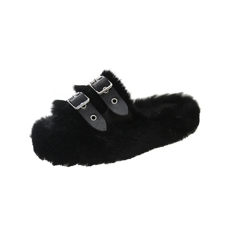 Women’s Faux-Fur Buckle Slippers – Plush Open-Toe Platform Slides with Double Adjustable Straps