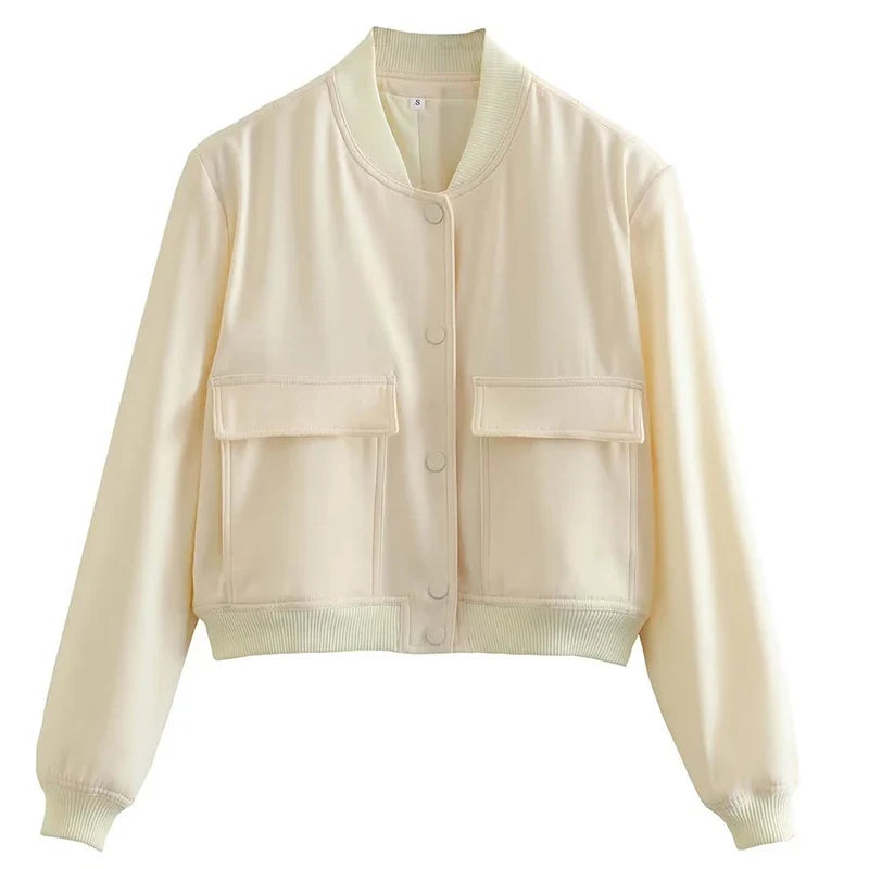 Women’s Relaxed Fit Bomber Jacket – Cropped Snap-Front Layer for Autumn and Winter Casual Wear