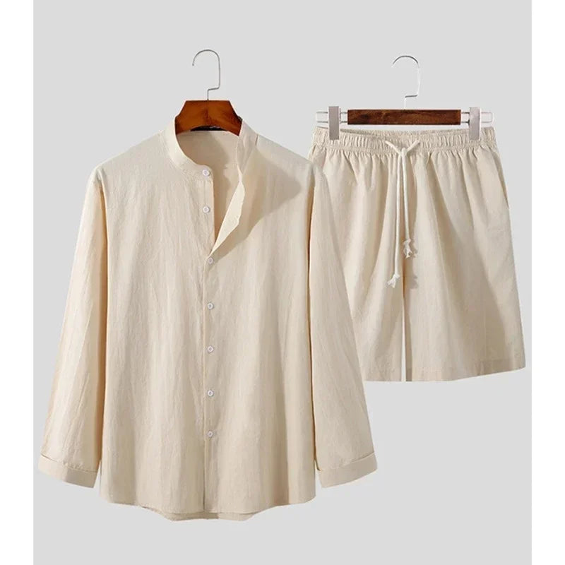 Conjunto de verano para hombre de lino y algodón Camisa y pantalones cortos transpirables Ajuste relajado Atuendo para vacaciones