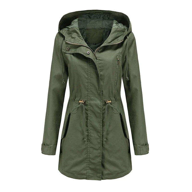 Chaqueta parka ligera con capucha para mujer, cintura ajustable con cordón y cuello alto – Prenda de abrigo utilitaria de manga larga y corte holgado, con bolsillos delanteros, para el día a día informal en primavera y otoño
