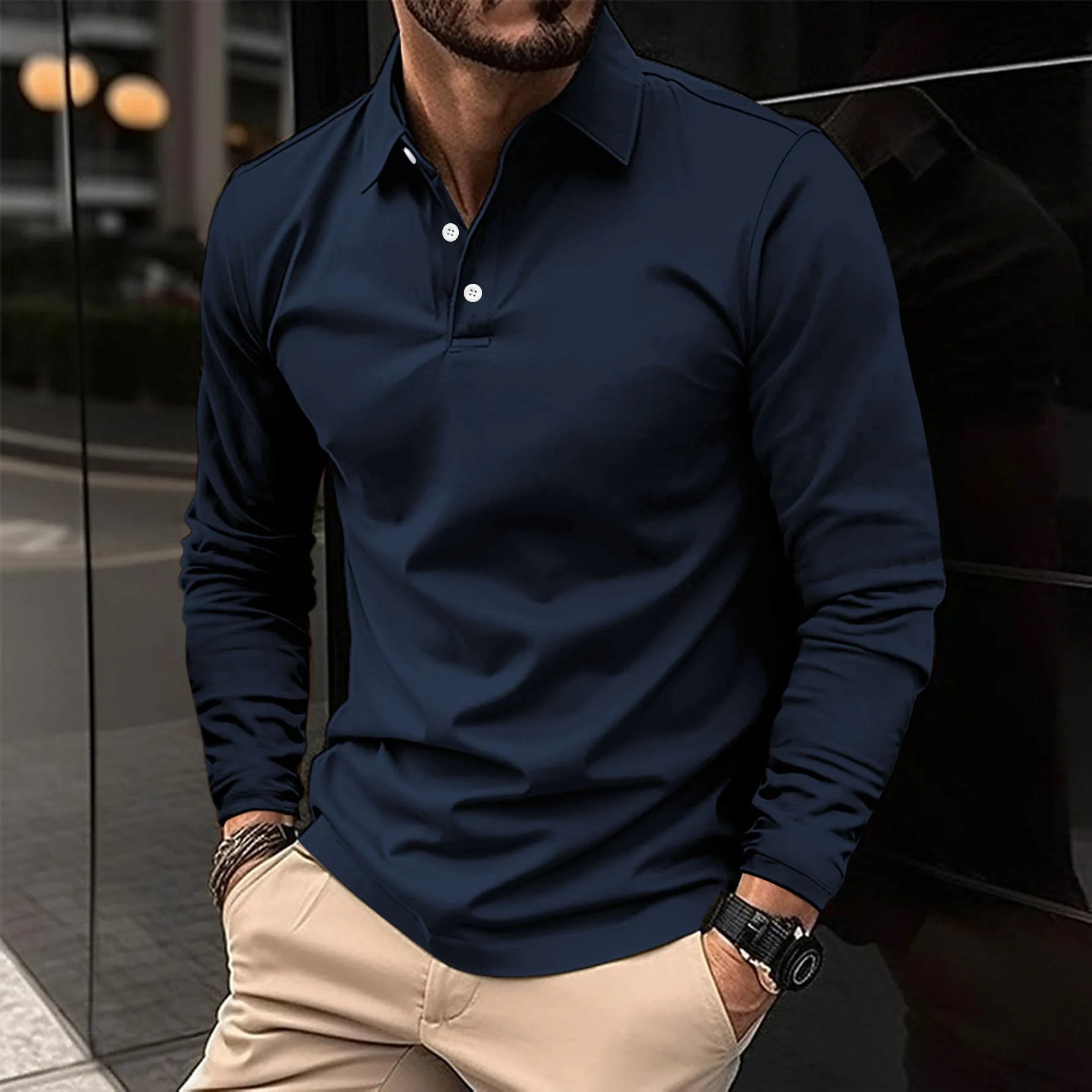 Polo ajusté pour homme à manches longues – haut doux et élégant, style décontracté chic pour le bureau et les soirées