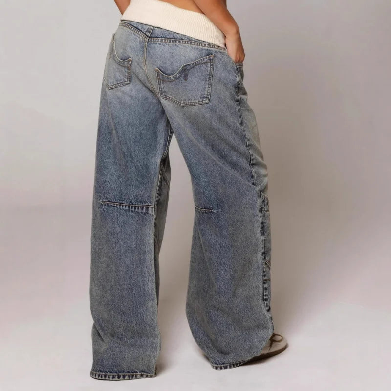 Vaqueros holgados de pierna ancha para mujer - Pantalón vaquero elástico de corte relajado con cintura acanalada para un estilo urbano informal y el día a día