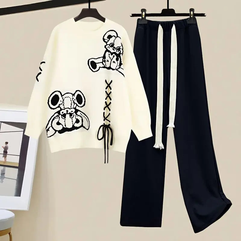 Sweatshirt med grafisk motiv og sæt med bukser med vide ben til kvinder med snøredetaljer – afslappet todelt outfit i bomuldsblanding til casual brug i efterår og vinter