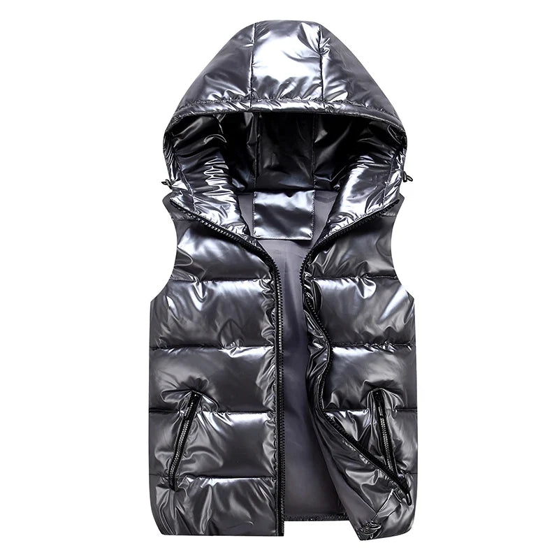 Men’s Glossy Cotton Puffer Gilet – Hooded Sleeveless Winter Layer with Zip Pockets