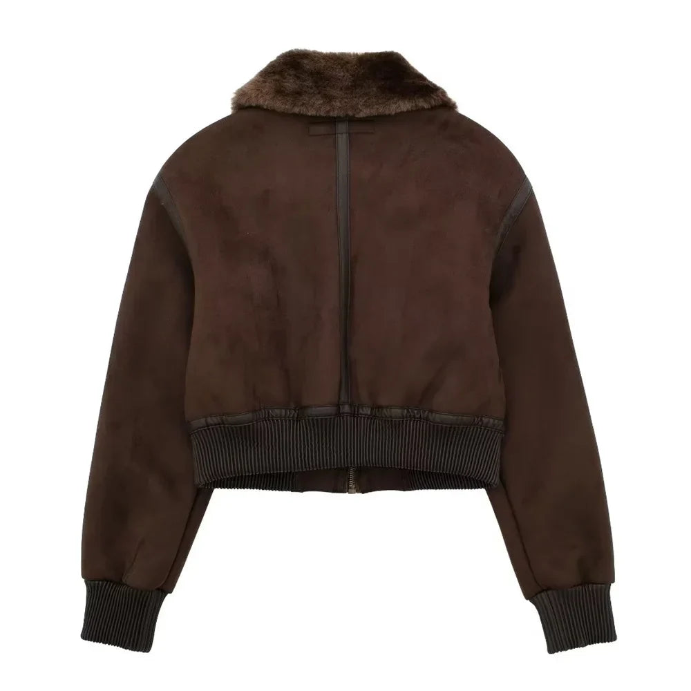 Γυναικείο κοντό bomber με όψη σουέντ, γιακά από plush shearling και ριμπ μανσέτες – Ζεστό χειμερινό πανωφόρι εμπνευσμένο από vintage στυλ