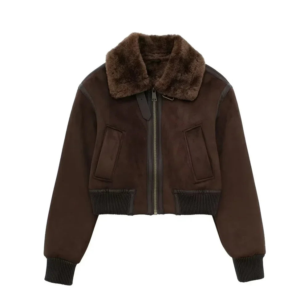 Γυναικείο κοντό bomber με όψη σουέντ, γιακά από plush shearling και ριμπ μανσέτες – Ζεστό χειμερινό πανωφόρι εμπνευσμένο από vintage στυλ