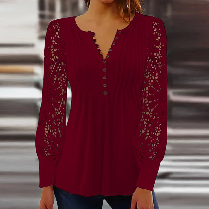 Blouse pour femme à manches en dentelle – Top à col V et plis nervurés pour une tenue élégante au quotidien
