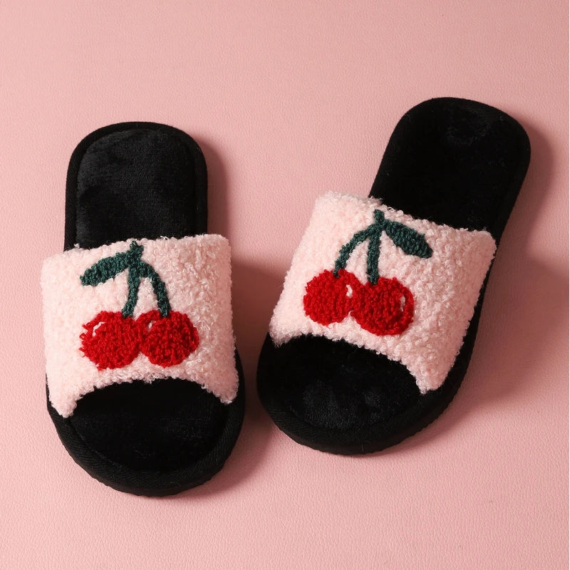 Women’s Cherry-Detail Plush Slide Slippers – Open-Toe House Shoes with Cushioned Sole