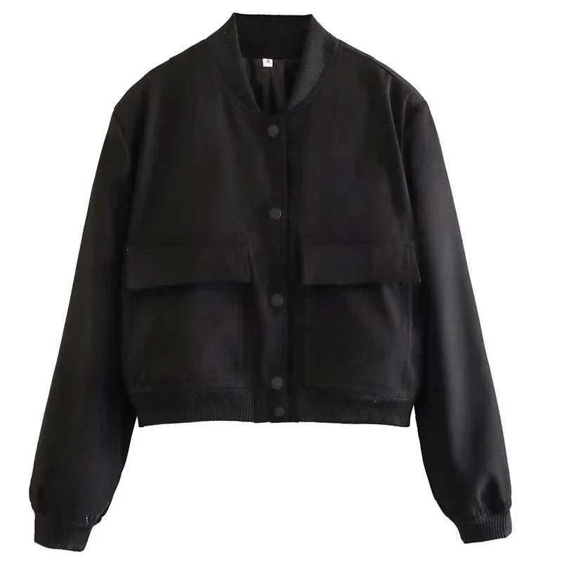 Women’s Relaxed Fit Bomber Jacket – Cropped Snap-Front Layer for Autumn and Winter Casual Wear