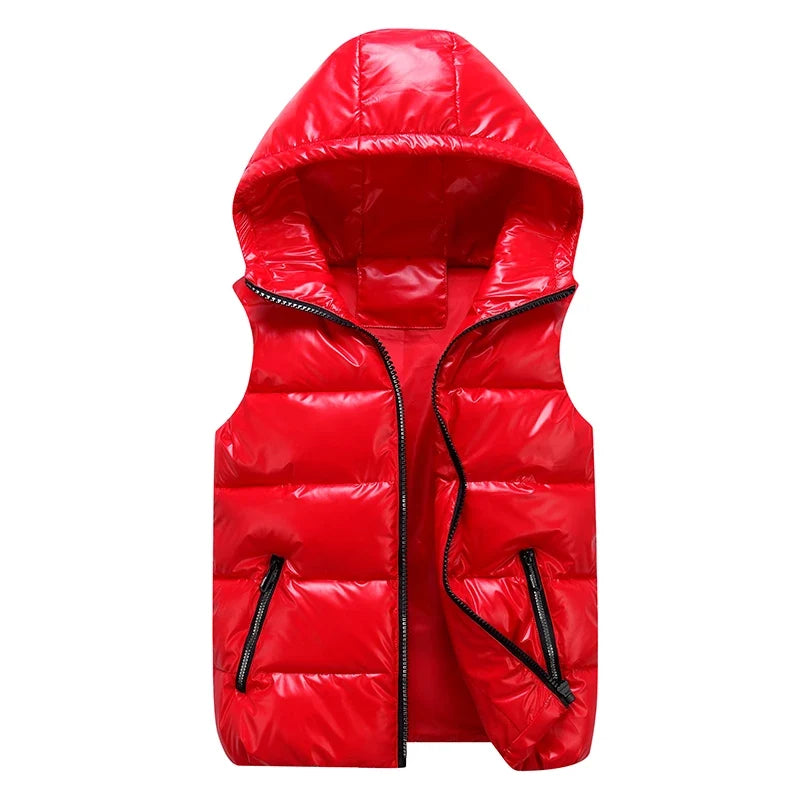 Men’s Glossy Cotton Puffer Gilet – Hooded Sleeveless Winter Layer with Zip Pockets