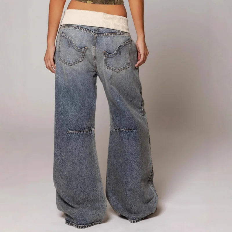 Vaqueros holgados de pierna ancha para mujer - Pantalón vaquero elástico de corte relajado con cintura acanalada para un estilo urbano informal y el día a día