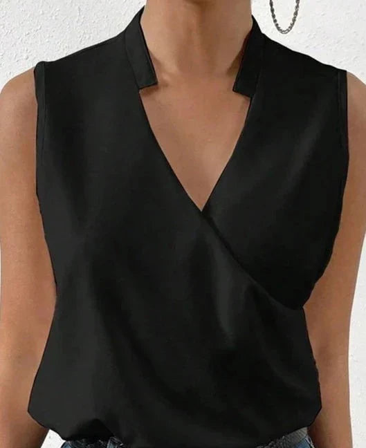 Blouse sans manches pour femme à effet cache-cœur avec col montant - Haut à col V pour le bureau et les soirées