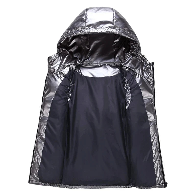 Men’s Glossy Cotton Puffer Gilet – Hooded Sleeveless Winter Layer with Zip Pockets