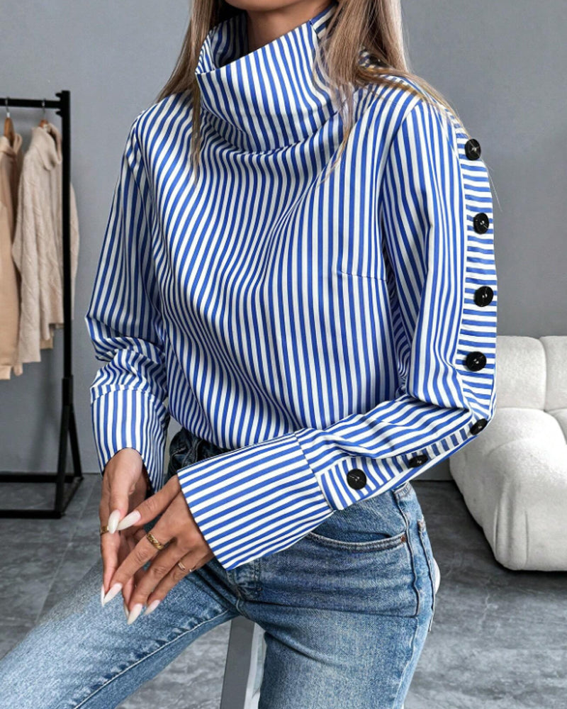Ženska elegantna bluza s visokim ovratnikom i tiskanim uzorkom, ukrasnim rukavima na kopčanje i širokim manšetama – mekani rastezljivi pamučni top dugih rukava za poslovno-ležerno nošenje u uredu i profinjeno svakodnevno stiliziranje