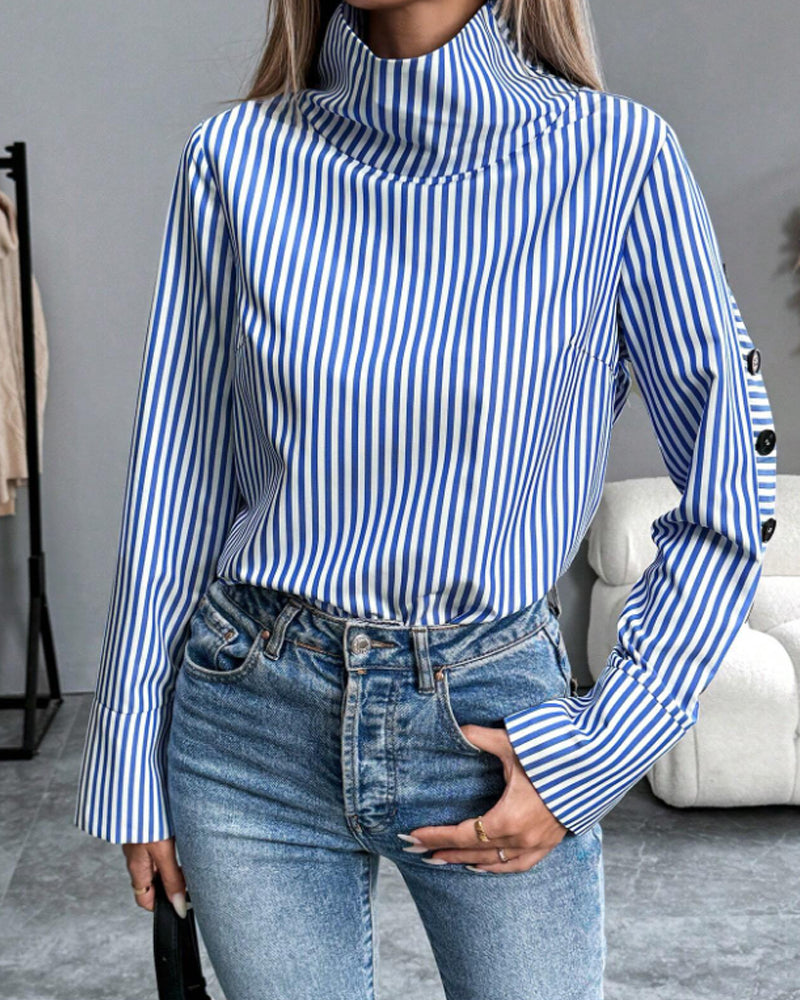 Ženska elegantna bluza s visokim ovratnikom i tiskanim uzorkom, ukrasnim rukavima na kopčanje i širokim manšetama – mekani rastezljivi pamučni top dugih rukava za poslovno-ležerno nošenje u uredu i profinjeno svakodnevno stiliziranje