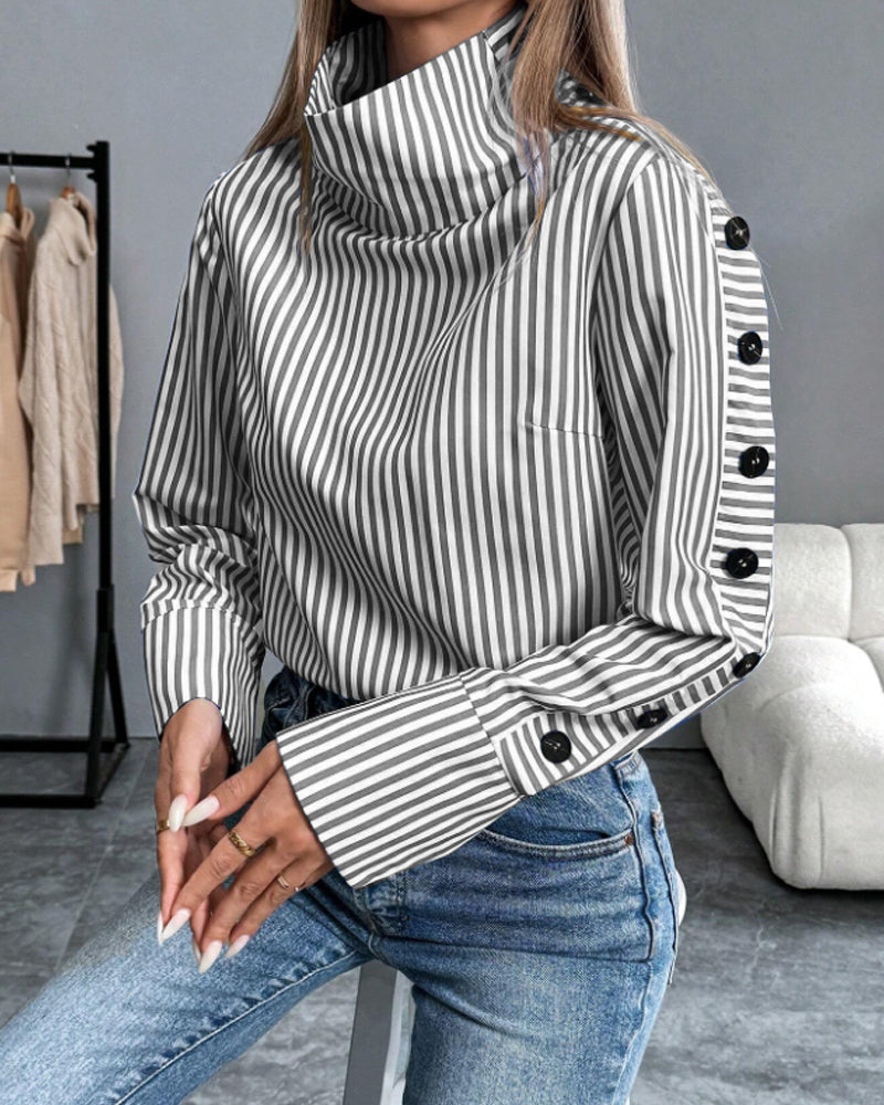 Ženska elegantna bluza s visokim ovratnikom i tiskanim uzorkom, ukrasnim rukavima na kopčanje i širokim manšetama – mekani rastezljivi pamučni top dugih rukava za poslovno-ležerno nošenje u uredu i profinjeno svakodnevno stiliziranje