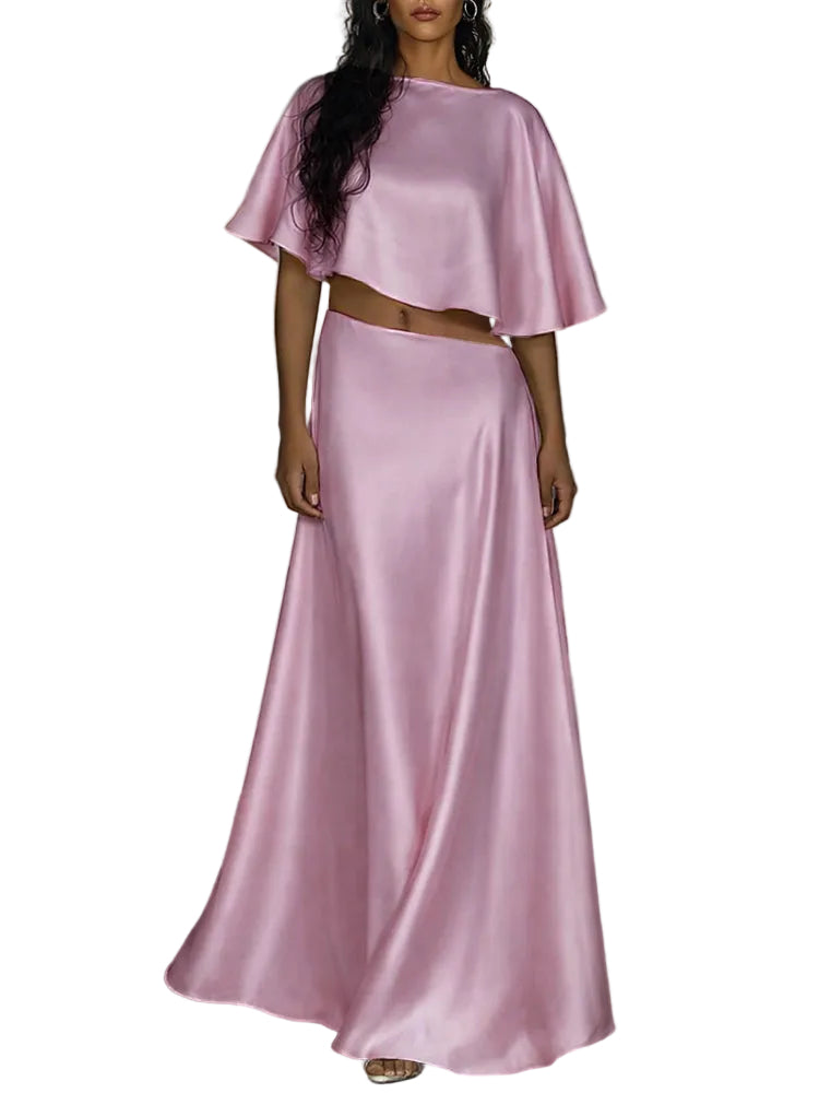 Damesasymmetrische crop-top met satijnlook, cape-mouwen en soepelvallende maxi-rok – Elegante tweedelige avondco-ord voor zomerbruiloften en bijzondere gelegenheden