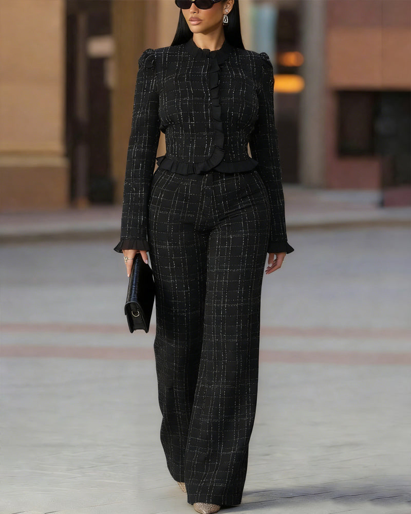 Set de sacou cambrat cu nasturi în față și volane și pantaloni cu croială largă, cu talie înaltă, pentru femei - costum elegant din două piese pentru ocazii de afaceri și formale