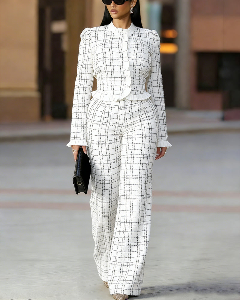 Set de sacou cambrat cu nasturi în față și volane și pantaloni cu croială largă, cu talie înaltă, pentru femei - costum elegant din două piese pentru ocazii de afaceri și formale
