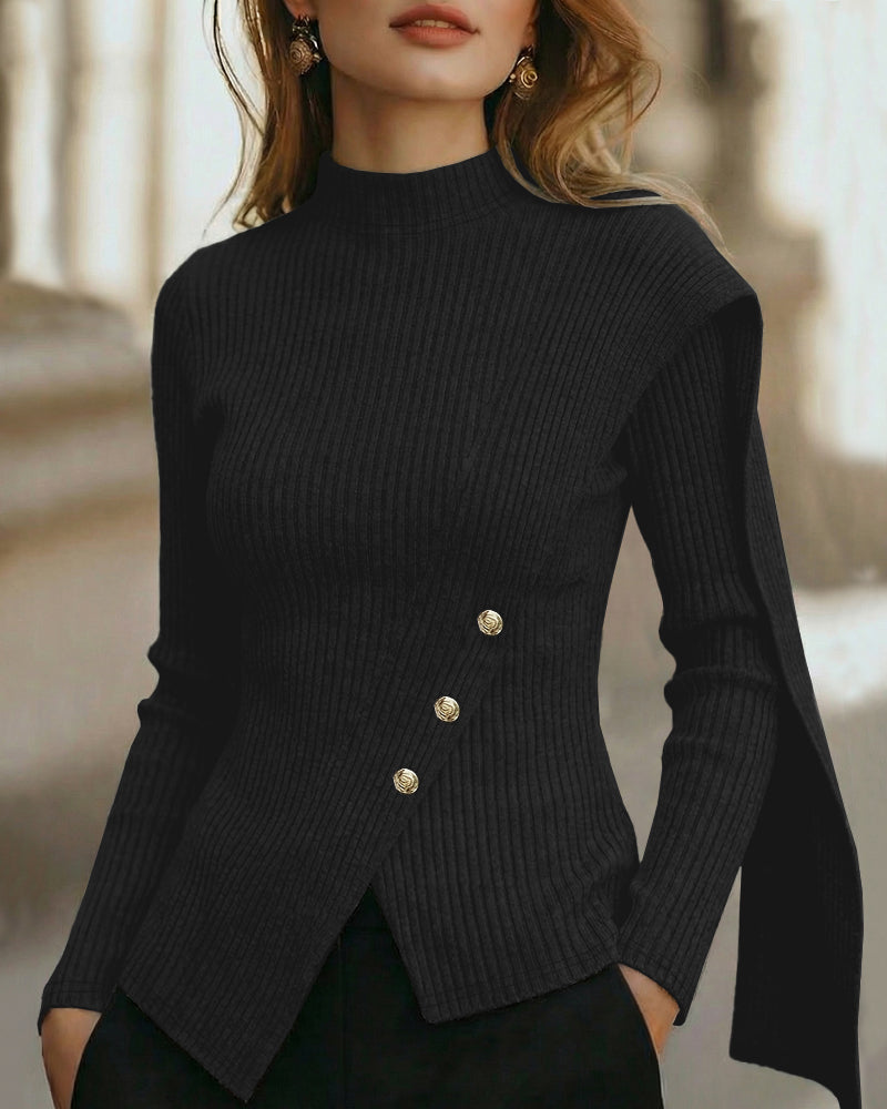 Geribde trui voor dames met mockneck en schouderdetail – aansluitend gebreid model met decoratieve knopen en asymmetrische zoom