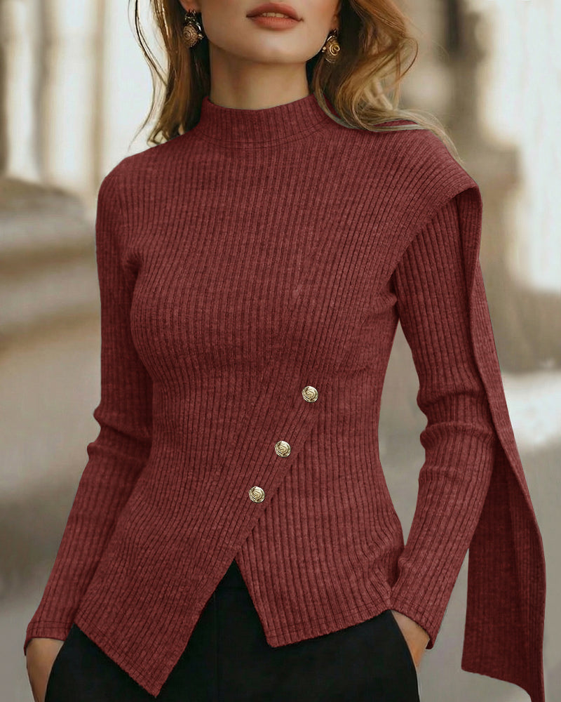Geribde trui voor dames met mockneck en schouderdetail – aansluitend gebreid model met decoratieve knopen en asymmetrische zoom