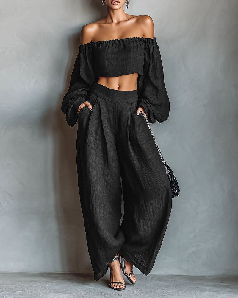 Damescrop-top met blote schouders en wijde broek met hoge taille – Elegante tweedelige zomerco-ord met pofmouwen voor casual en avondgelegenheden
