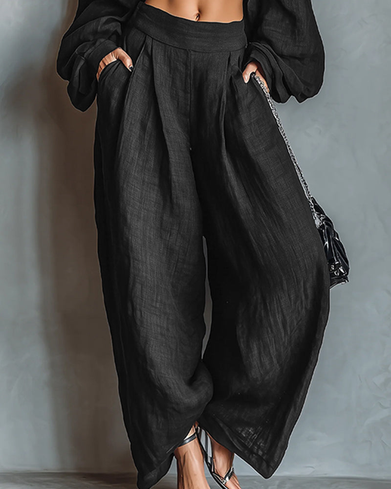 Damescrop-top met blote schouders en wijde broek met hoge taille – Elegante tweedelige zomerco-ord met pofmouwen voor casual en avondgelegenheden