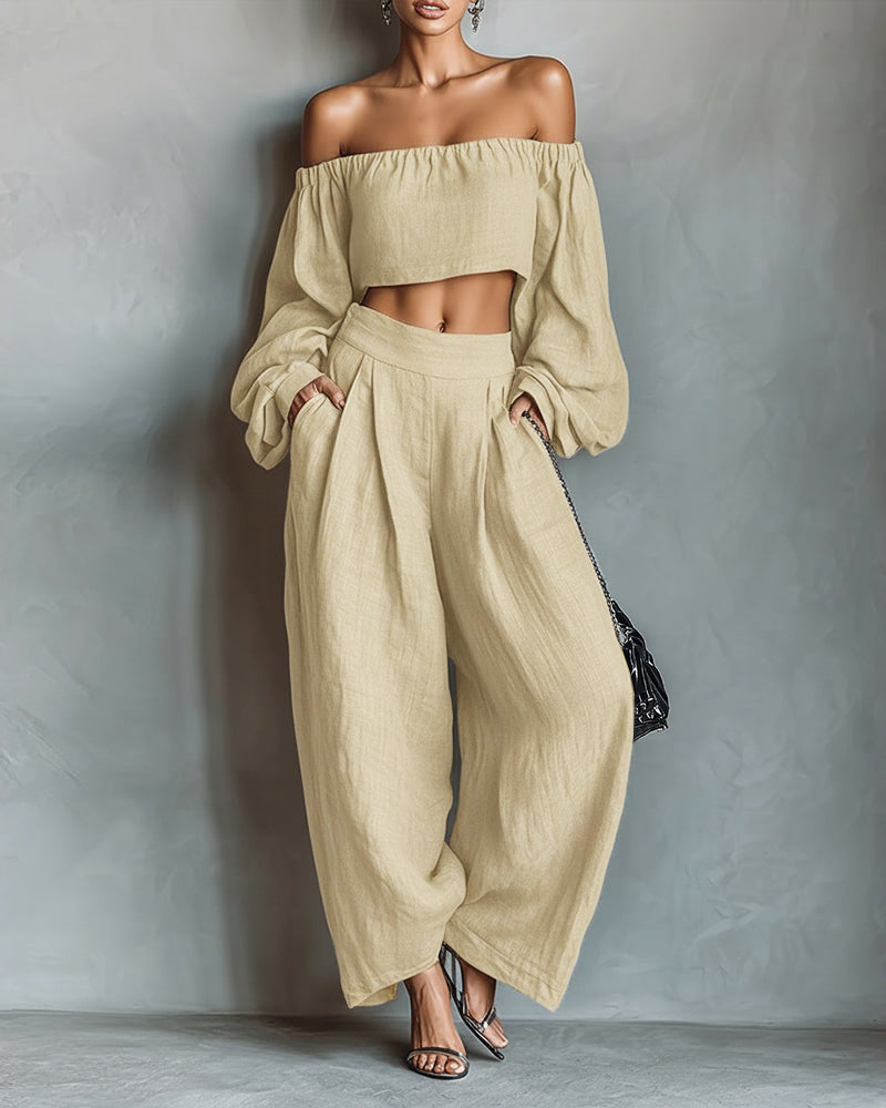 Damescrop-top met blote schouders en wijde broek met hoge taille – Elegante tweedelige zomerco-ord met pofmouwen voor casual en avondgelegenheden