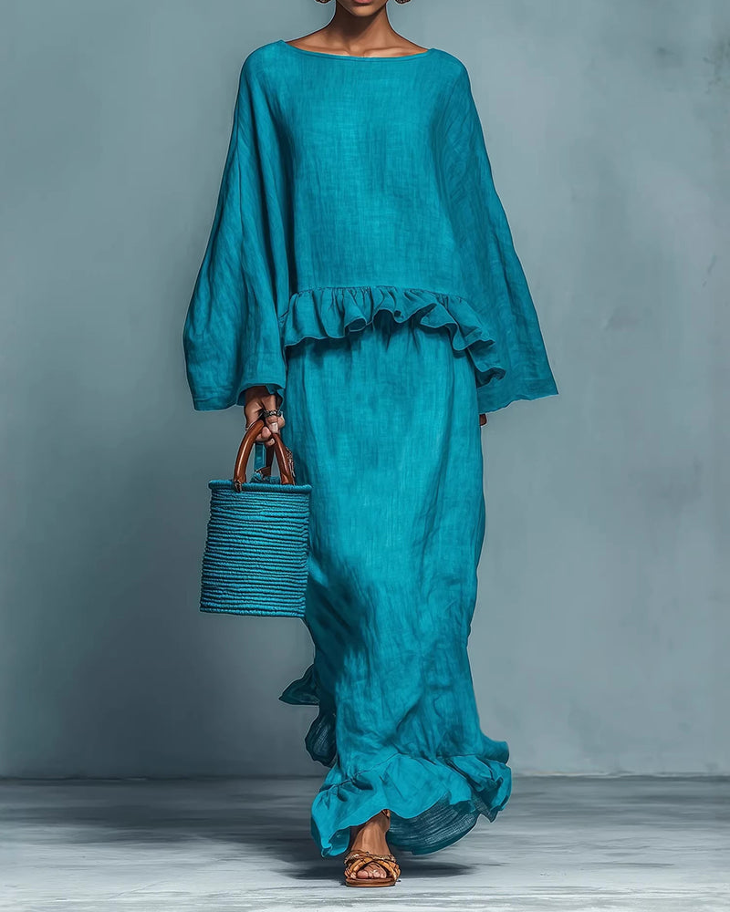 Dámska ľanová blúzka zo zmesi ľanu s volánovým lemom a splývavá maxi sukňa – pohodlný dvojdielny letný outfit na dovolenky a ležérnu eleganciu