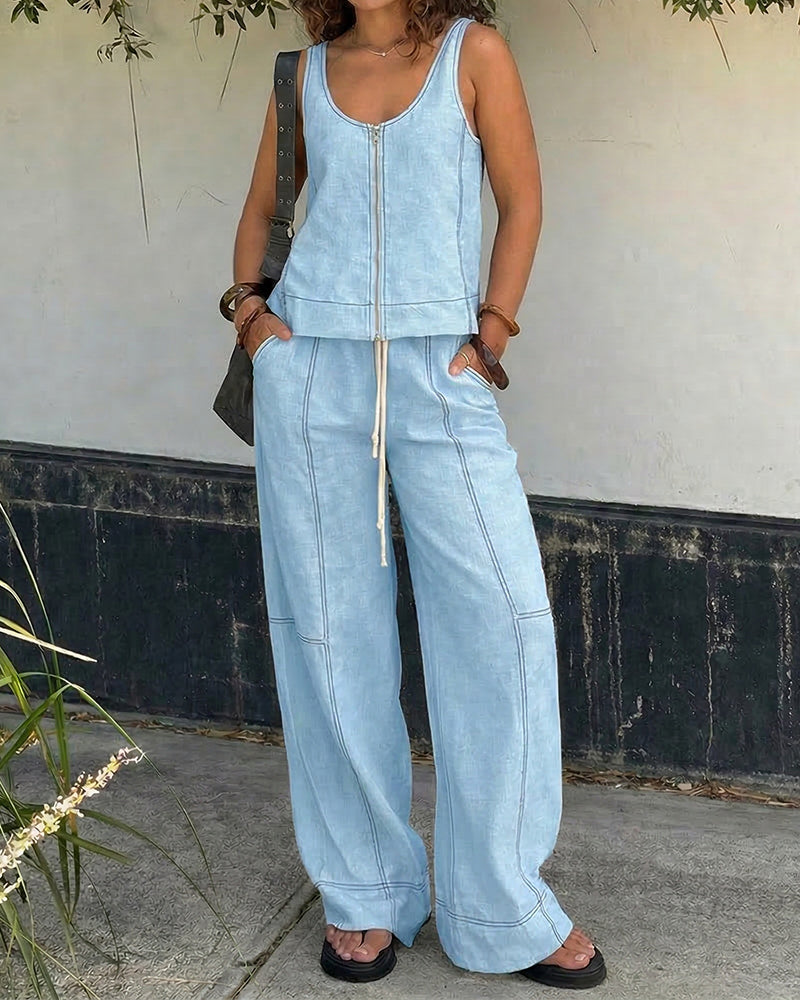 Dames tweedelige zomerset van katoen - mouwloos topje met rits aan de voorkant en losse wijde broek voor casual dagelijks gebruik