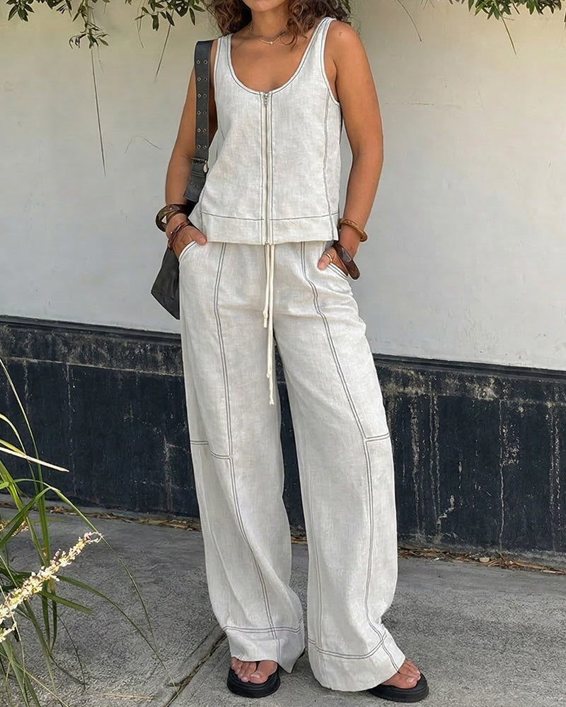 Dames tweedelige zomerset van katoen - mouwloos topje met rits aan de voorkant en losse wijde broek voor casual dagelijks gebruik