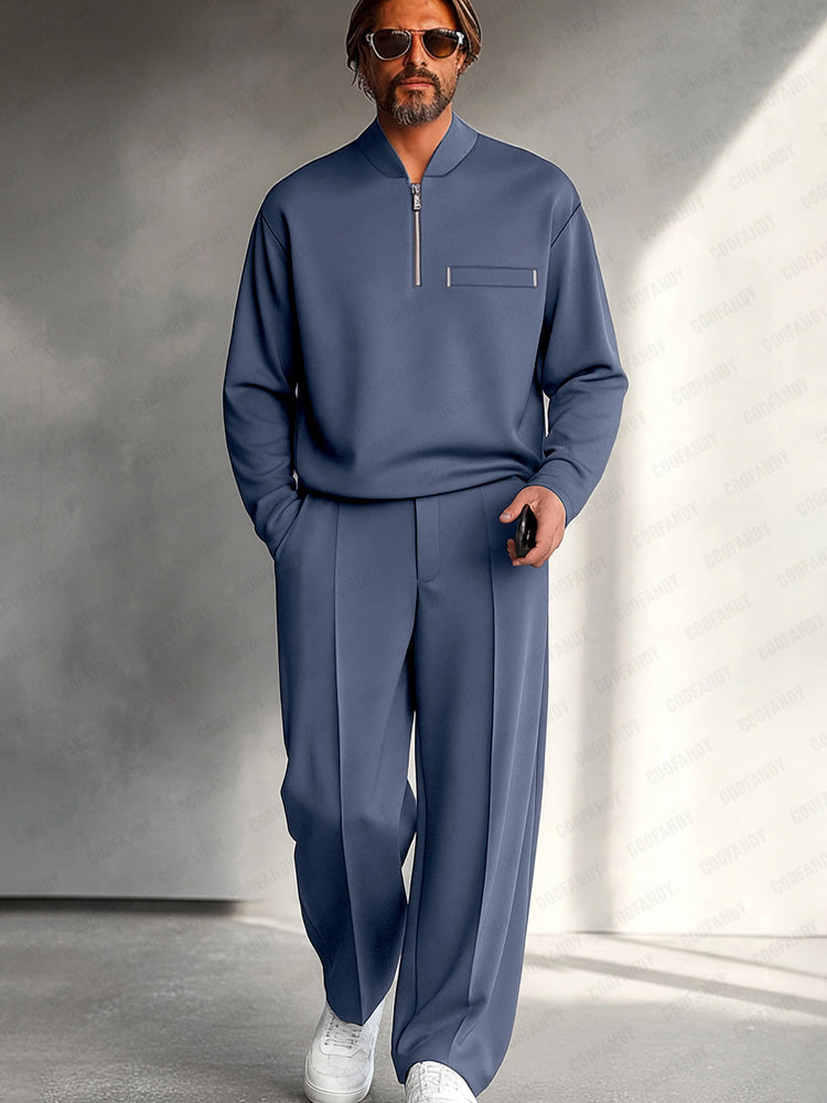 Completo da uomo in due pezzi con mezza zip - Top rilassato a maniche lunghe e pantaloni a gamba larga per un look casual elegante