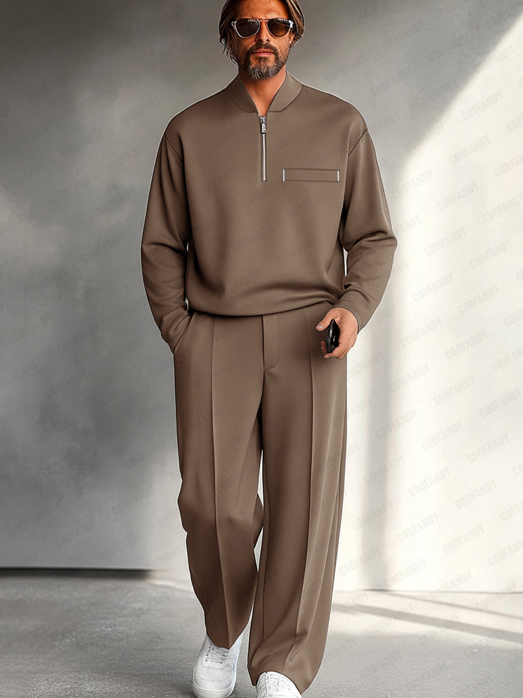 Completo da uomo in due pezzi con mezza zip - Top rilassato a maniche lunghe e pantaloni a gamba larga per un look casual elegante