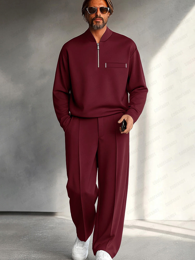 Completo da uomo in due pezzi con mezza zip - Top rilassato a maniche lunghe e pantaloni a gamba larga per un look casual elegante