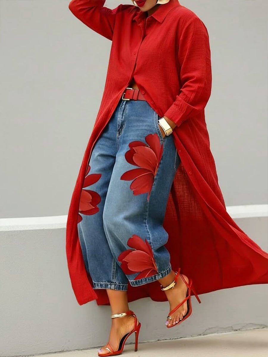 Conjunto de Camisa Longa para Mulher com Jeans de Perna Larga Estampados