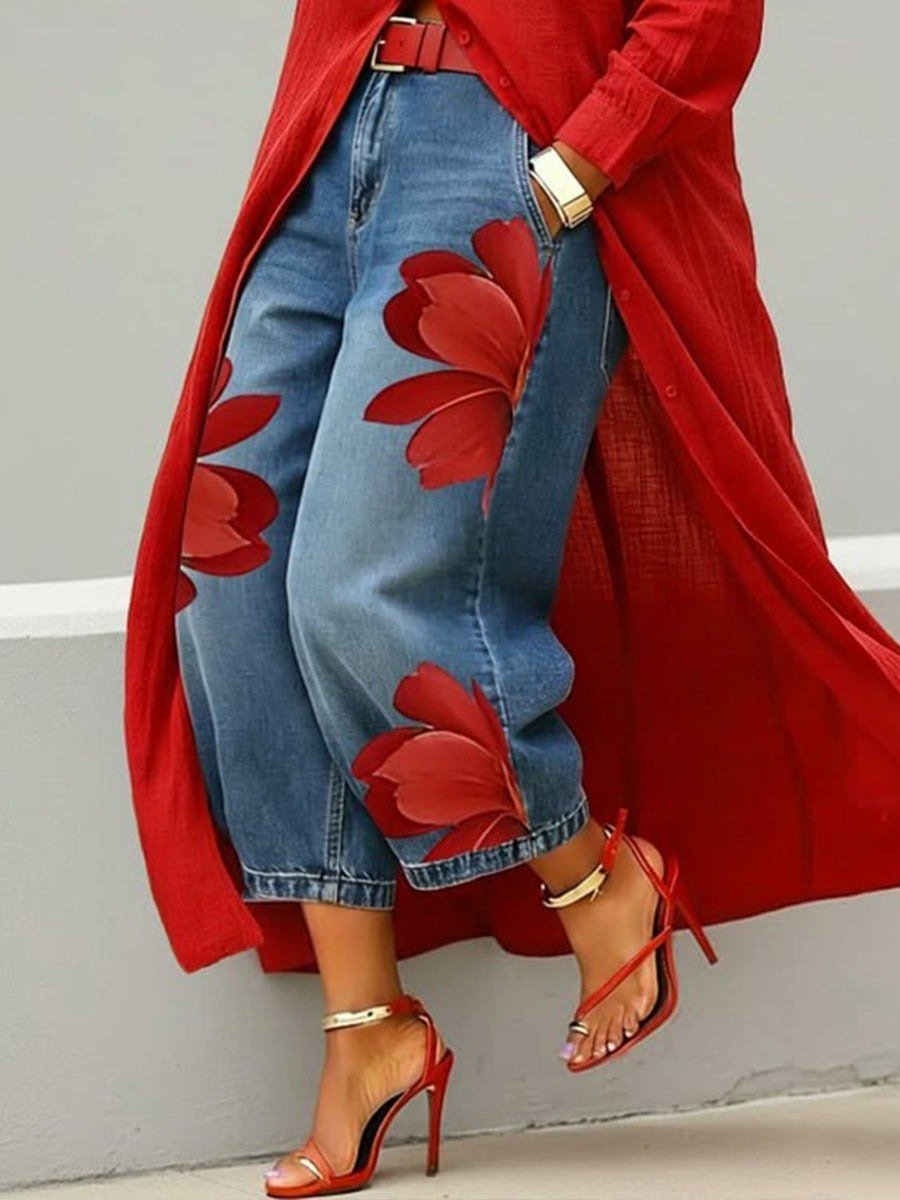 Conjunto de Camisa Longa para Mulher com Jeans de Perna Larga Estampados