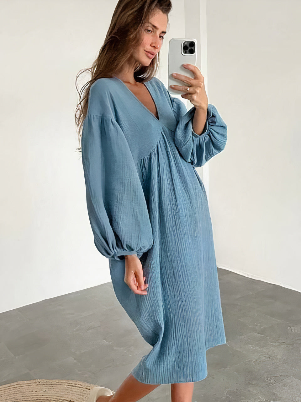 Camicia da notte midi da donna con scollo a V, maniche a sbuffo e vestibilità comoda