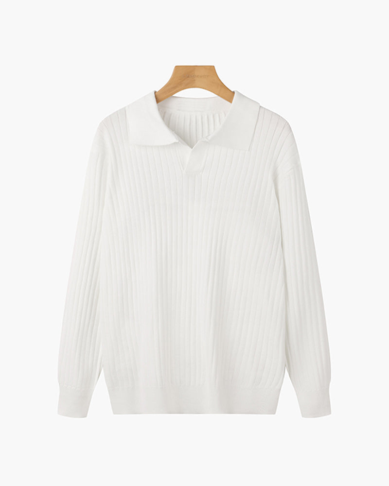 Men’s Ribbed Knit Polo Sweater V Neck Slim Fit