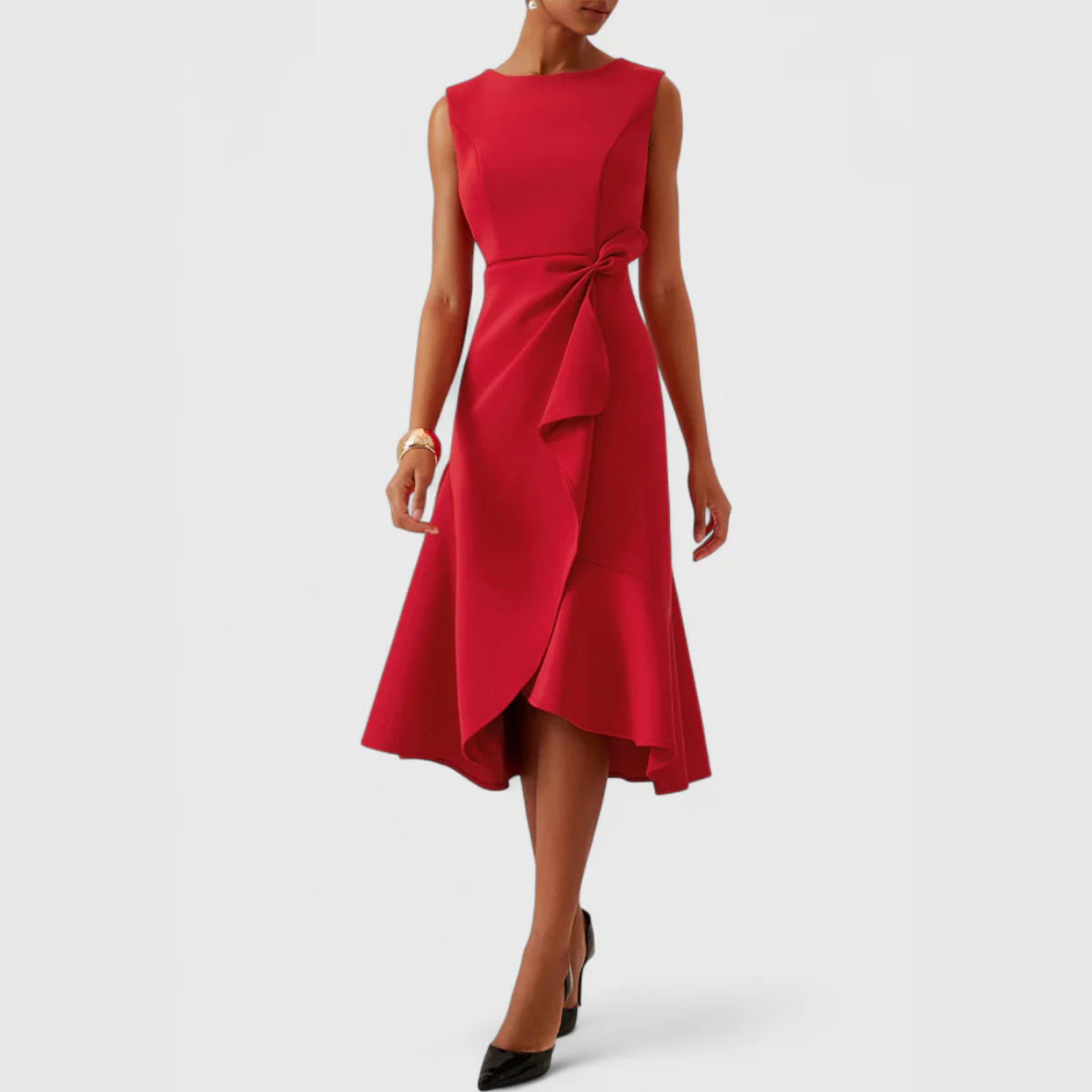 Abito midi senza maniche da donna, stile serale asimmetrico drappeggiato