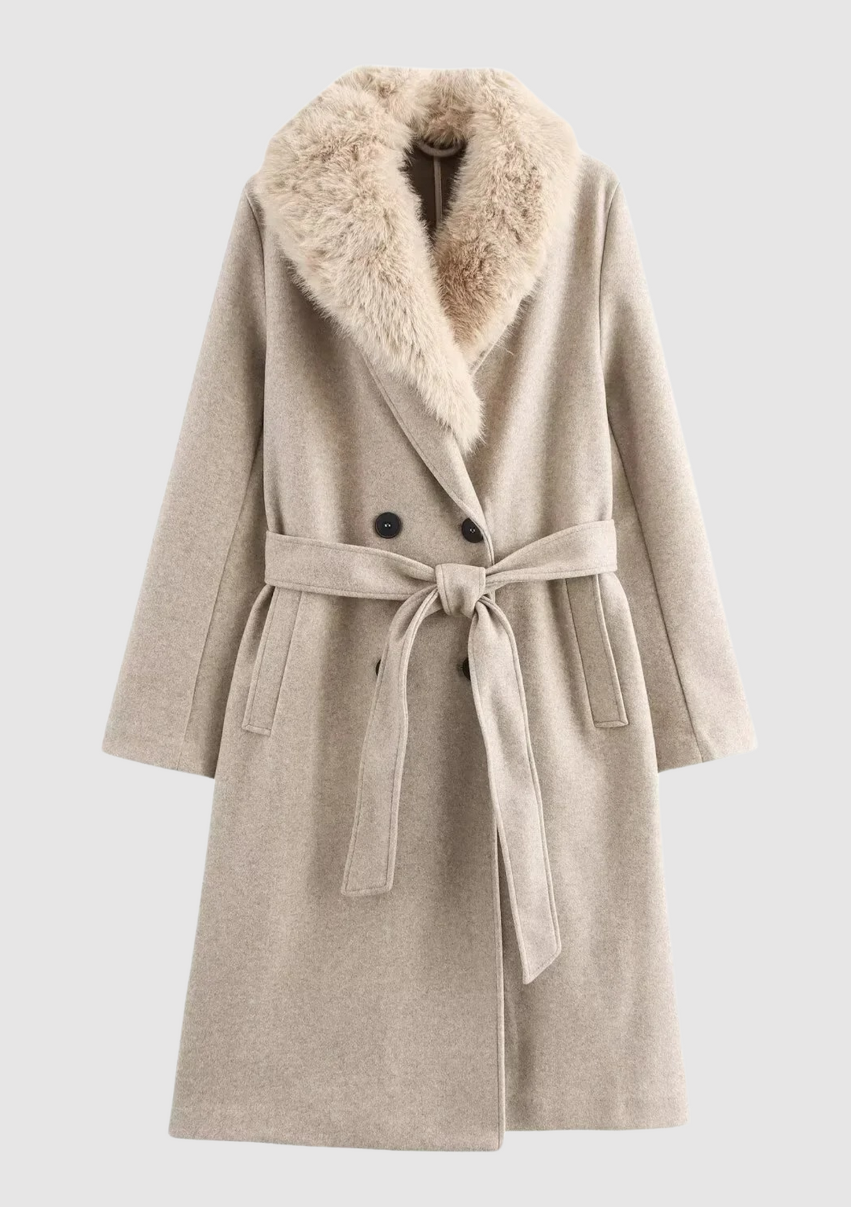 Dameswinterjas van een wolmix met ceintuur, zachte imitatiebonthals en dubbele rij knopen – Elegante lange jas voor koud weer